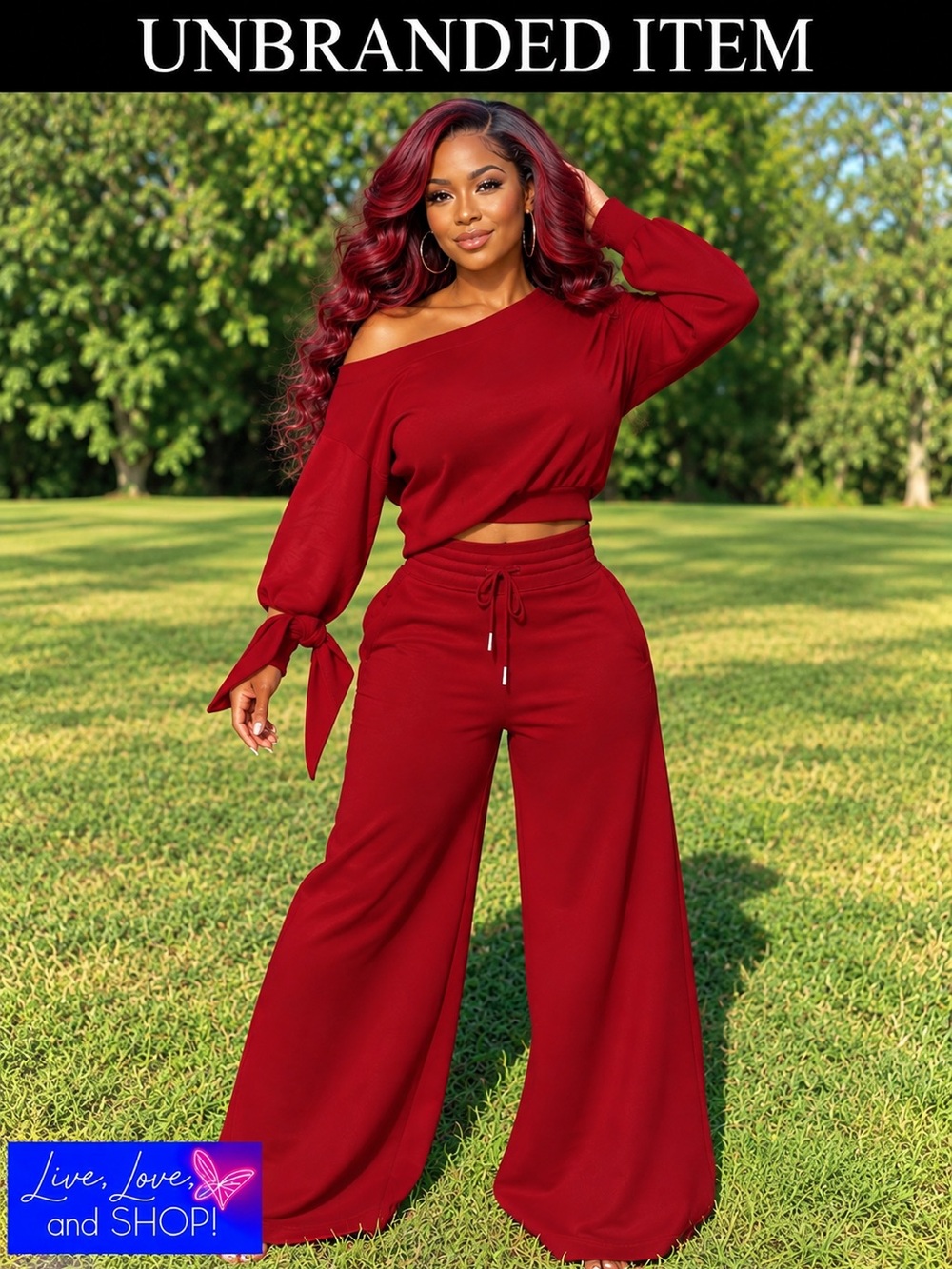SWEATSUIT: Burgundy Slanted Shoulder Long Sleeve Top w/Drawstring Pants, NWOT